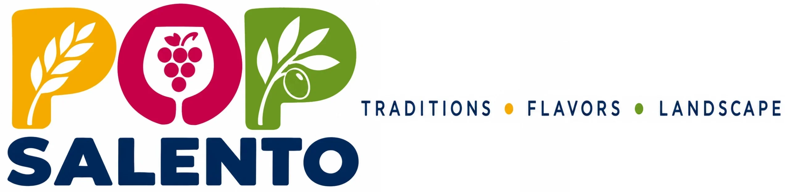 POP Salento official logo featuring colorful letters representing wheat, wine, and olive branch